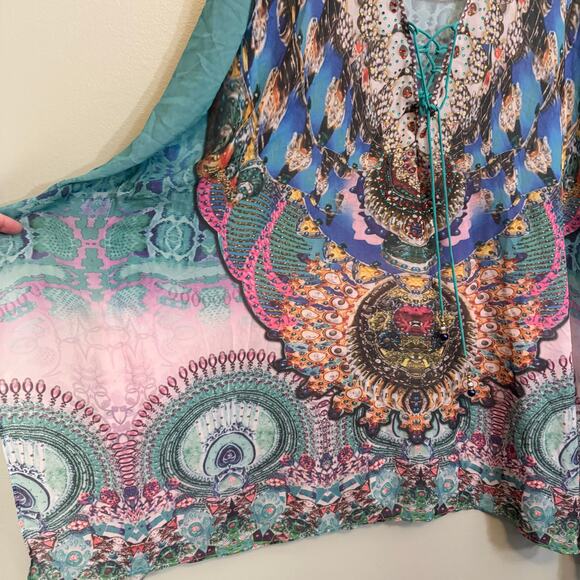 Kaftan Cover Up Swimwear Dress Womens OS Blue Lace Up Boho Beach Rhinestones - Picture 5 of 7